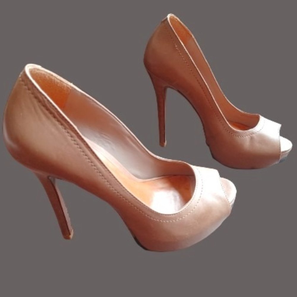 [ALDO Size 6.5, 37] Patent Leather Tan Peep Toe Platform Stilleto Heels
